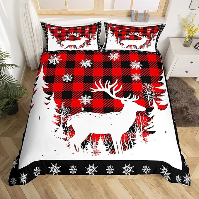 Manfei Christmas Duvet Cover Set King Size, Xmas Deer Tree Snowflake Print Bedding Set 3pcs for Kids Boys Girls Bedroom Decor, Black Red Plaid Print Comforter Cover with 2 Pillowcases,No Comforter