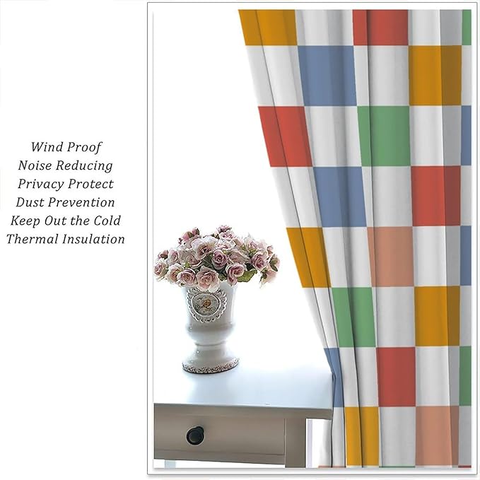 Retro Checkered Curtains,70s Vintage Twisted Checkered Window Drapes Colorful Groovy Trendy Wavy Hippie Grid Print Window Treatments for Kids Girls Bedroom Living Room Bathroom 42" W X 54" L