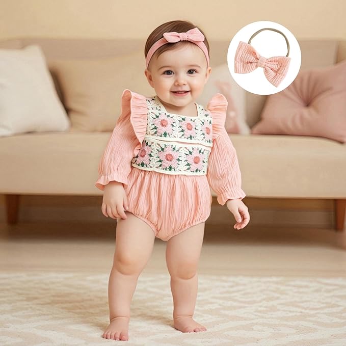 Gaono Newborn Baby Girl Smocked Bubble Romper Cute Boho Summer Clothes Ruffle Sleeveless Crochet Flower Vintage Bodysuit