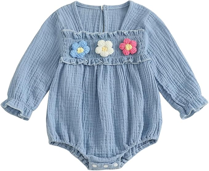 Gaono Newborn Baby Girl Smocked Bubble Romper Cute Boho Summer Clothes Ruffle Sleeveless Crochet Flower Vintage Bodysuit