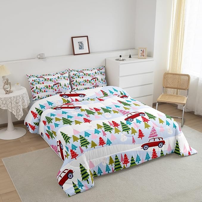 Feelyou Christmas Trees Bedding Set for Kids Boys Girls Queen Size Christmas Truck Comforter Set Ultra Soft Winter Snowman Comforter Xmas Duvet Quilt Bedroom Decor Christmas Ornaments Quilt