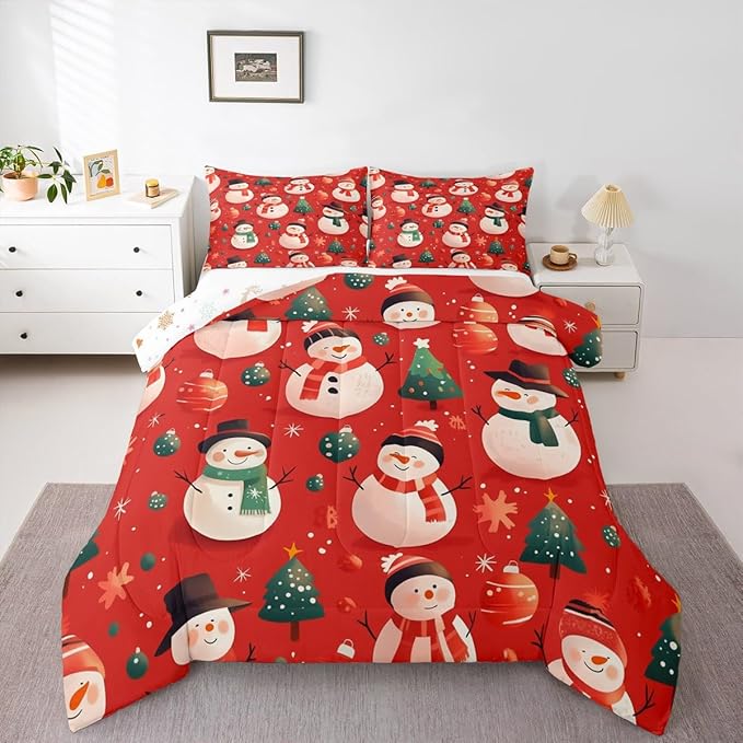 Feelyou Christmas Comforter Set Queen Size Snowman Bedding Set for Kids Boys Girls Snowflake Duvet Quilt New Year Theme Bedroom Decor Microfiber 3 Pcs with 2 Pillow Cases