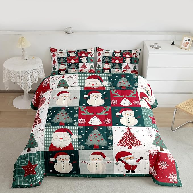 Feelyou Merry Christmas Comforter Set All Season Xmas Tree Snowman Bedding Set with 2 Pillow Cases Santa Claus Microfiber Kids Full Bedclothes Patchwork Bedroom Decor Duvet Quilt Breathable Soft