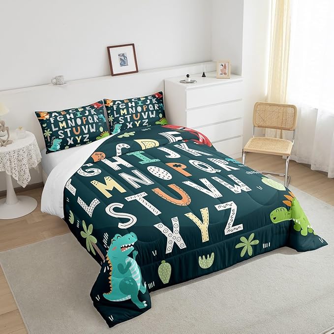 Feelyou Alphabet Kids ABC Learning Bedding Set Queen Size, Cartoon Dino Comforter Kids Educational Nursery Art Comforter Set for Boys Girls Jungle Dino Duvet Set Durable Bed Set 3Pcs