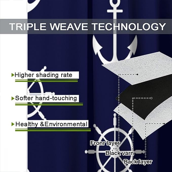 Nautical Rudder Curtains,MarineThemed Oceanic Anchor Pattern Blackout Print Home Bedroom Living Room Window Treatments 2 Panel Set 63x63 Inch