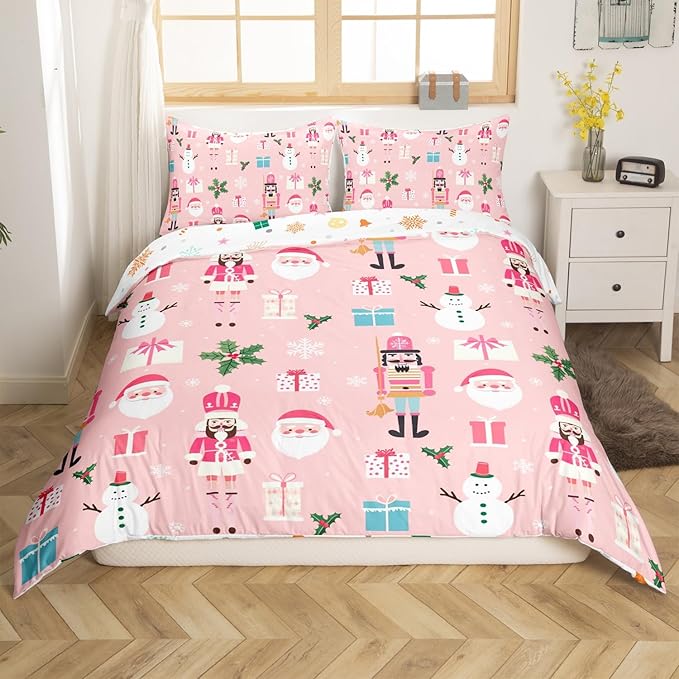 Pink Christmas Nutcracker Decorative Comforter Cover King Size Xmas Cartoon Santa Claus Duvet Cover New Year Festival Snowman Snowflake Bedding Set Gifts for Kids Boys Girls 2 Pillow Cases Pink