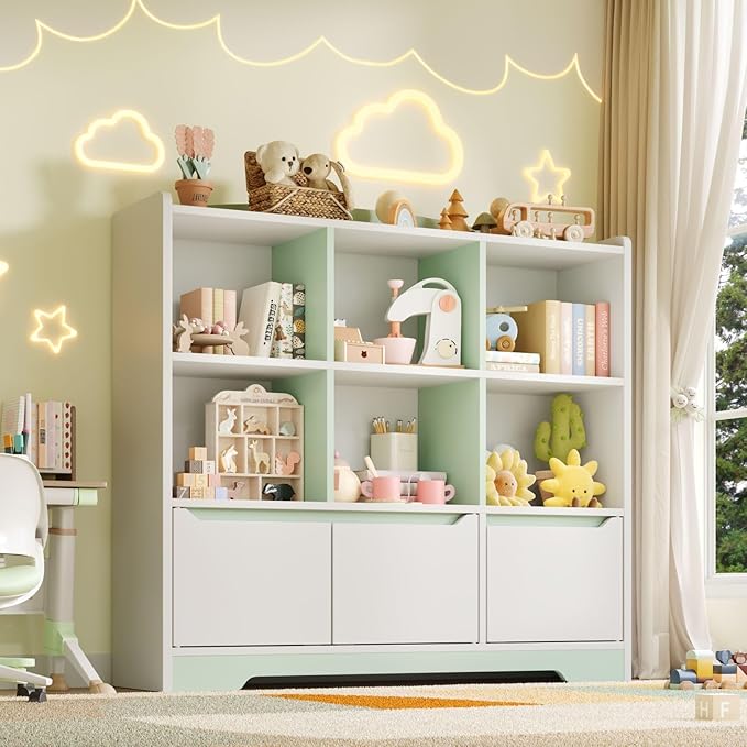 Kids Bookshelf and Toy Organizer, 2 Tier Kids Book Shelf for Kid Rooms with 2 Doors, 6 Cubes Storage Organizer,Wood Children Bookcase,Freestanding Toddler Book Display Shelf for Playroom WhiteGreen