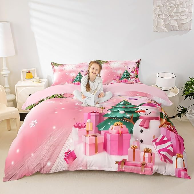 Christmas Bedding Set Kids Christmas Tree Snowman Xmas Theme Comforter Cover Set for Boys Girls Snowflake Duvet Cover Breathable Luxury Gift Boxes Bedspread Cover Room Decor Quilt Cover Twin Size