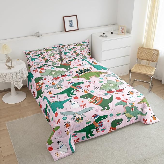 Feelyou Christmas Pink Comforter Set Full Size for Kids Boys Girls Cartoon Xmas Dinosaur Bedding Set Snowman New Year Decorations Bedroom Quilt Set