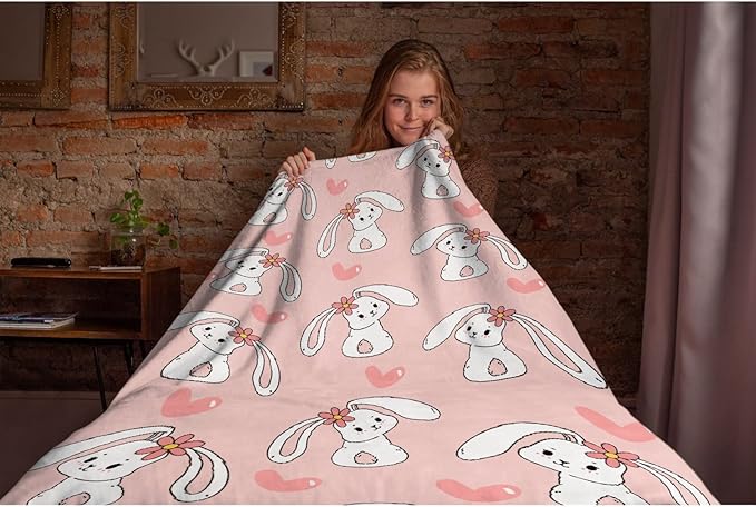 Thuswarm Cute Bunny Pink Flannel Throw Blanket Gifts Warm Cozy Soft Funny Print Blankets for Summer Room Decoration Bed Couch Sofa 50”×40” Small for Kid