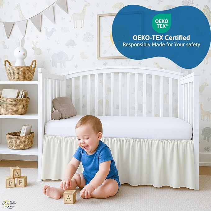 Cottington Lane Ivory Crib Skirt Dust Ruffle, 100% Natural Cotton, Soft, Durable Nursery Crib Toddler Bedding Skirt for Baby Girls or Boys, Fits Standard Cribs 28" x 52" with 14" Drop