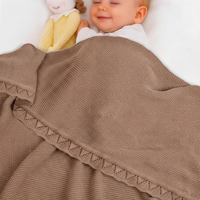 Baby Knit Blanket Soft Breathable Cotton Scallop Border Blankets Newborn Knitted Blanket Swaddle Blankets Gifts for Baby Newborn Toddler Shower Boy Girl New Mom Birthday Christmas Mocha 28x36