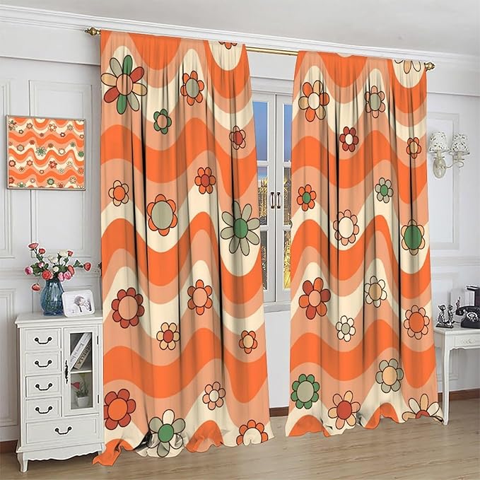 70s Boho Retro Curtains for Bedroom,Groovy Vintage Floral Rainbow Window Treatments Drapes for Kids Girls Window 42"" W X 45"" L, Style-6