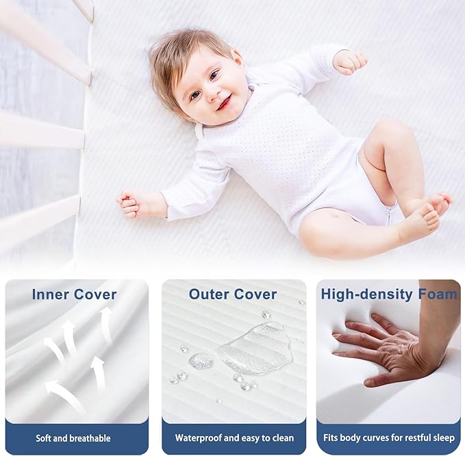 Pack and Play Mattress 38 x 26 x 1.5 inch, Soft Breathable Pack N Play Mattresses with Washable Waterproof Cover for Baby ＆Toddler, Portable Crib Mattress for Playard