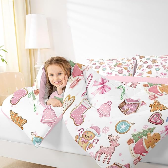 Cute Bow Tie Comforter Set Full Size,Pine Tree Merry Christmas Elk Deer Kids Bedding Set,Bowknot Gingerbread Man Snowflake Quilt Comforter,Pink White Colorful Duvet Insert,2 Pillowcases