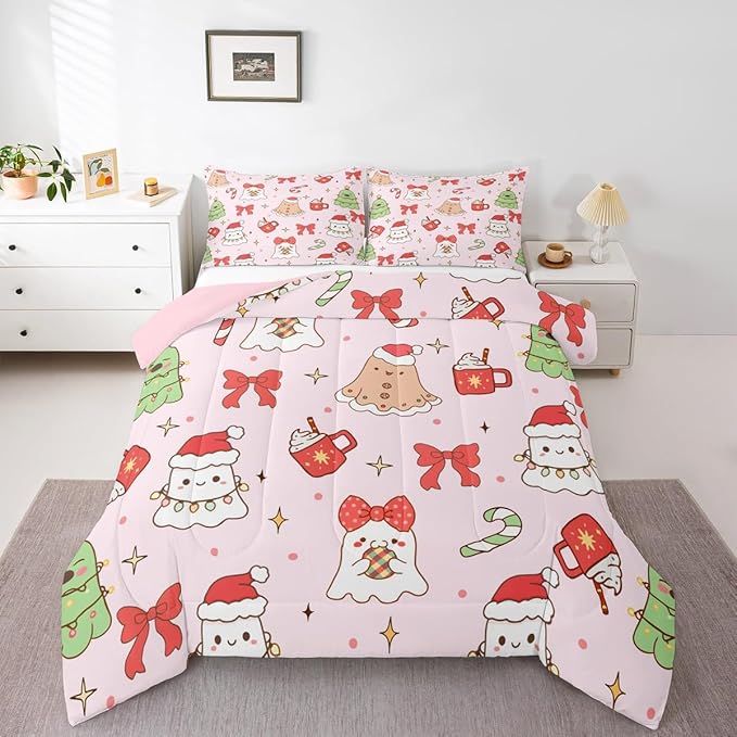 Feelyou Christmas Bedding Set Soft for Boys Girls, Cute Bow Comforter Set Queen Size Cute Ghost Duvet Quilt Microfiber Coquette Bow Knot Bedroom Decor Candy Print 3 Pcs with 2 Pillow Cases