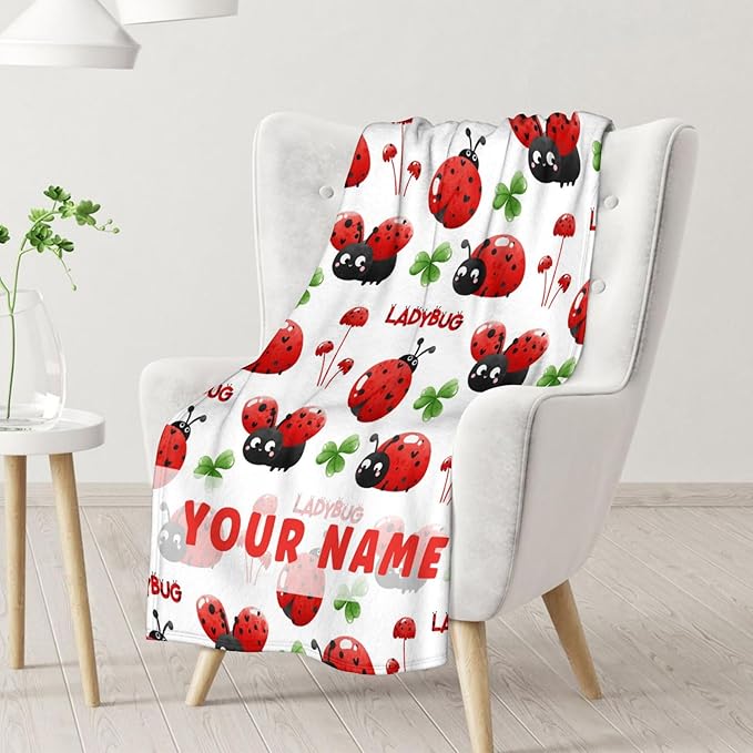Custom Ladybug Blanket for Women - Cute Lady Bug Print Gifts - 60 x 80 Inches White Fuzzy Throw Blankets Stuff for Bed, Living Room