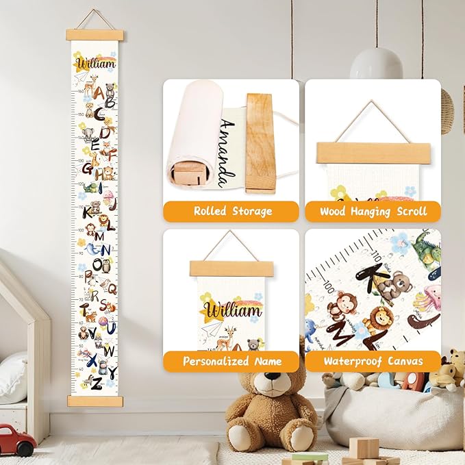Personalized Name Growth Chart Wall Decor for Kids – Canvas Removable Height Chart Measuring Ruler 59" x 7.9" (Cute Letters)