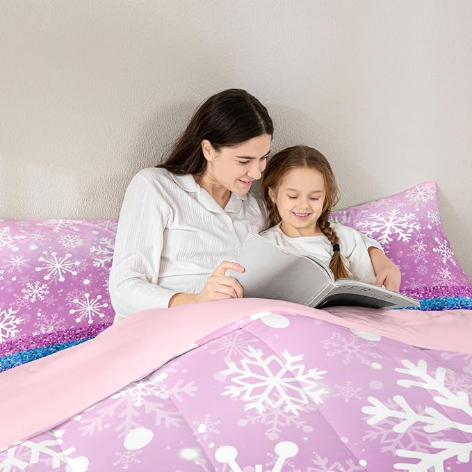 Feelyou Pink Snowflake Comforter Set Toddler Size Winter Snowflake Bedding Set for Kids Boys Girls Christmas Duvet Quilt Glitter Print Bedroom Decor Microfiber 2 Pcs with 1 Pillow Cases