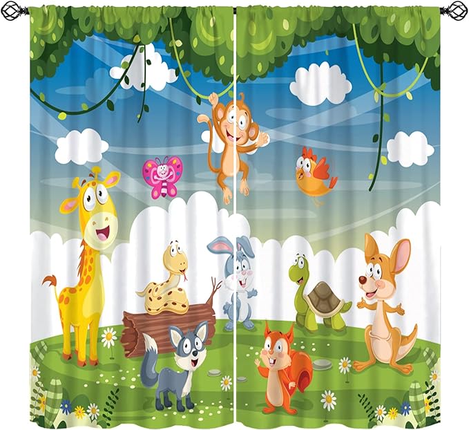 Animal Curtains, Cartoon Cute Woodland Jungle Forest Animals Pattern Blackout Window Treatments, Rod Pocket Thermal Insulated Drapes 2 Panel Sets for Kids Nursery Bedroom Classroom, 55" W X 63" L
