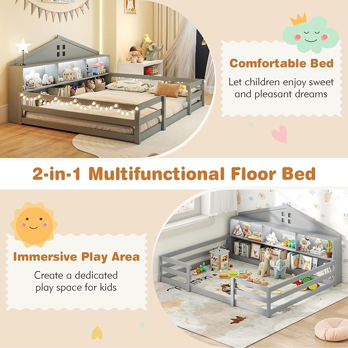 Giantex Full Size Montessori Floor Bed with LED Lights, 2-in-1 Wooden House Bed Frame with Safety Guardrails, Storage Compartments & Shelf, No Box Spring Needed, Without Slats, Gray