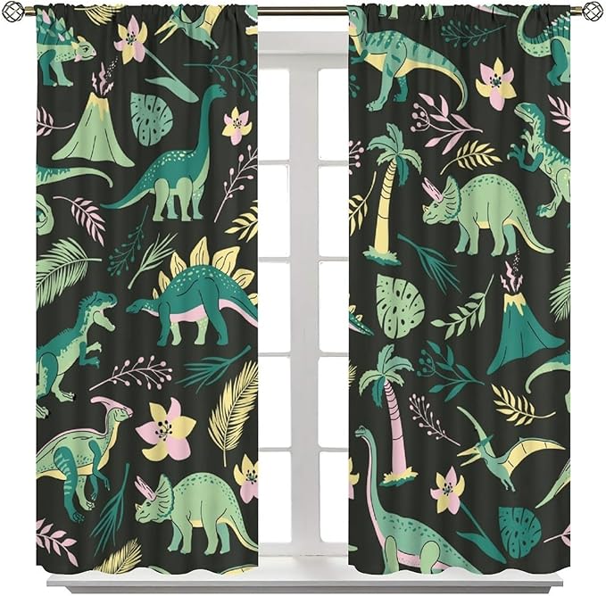 Dinosaurs Blackout Curtains Cartoon Cute Funny Dino Tropical Jungle Green Art Print for Kids Boys Bedroom Living Room Rod Pocket Decoration Window Drapes 2 Panels W21xL45in