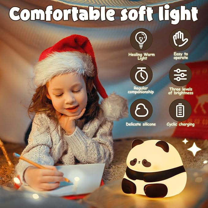 Cute Panda Night Light LED Silicone Squishy Animal Lamp for Kids – 3 Dimming Levels Ideal Nightlight for Nursery – for Boys and Girls – Fun Room Decor – Soft and Safe Breastfeeding Light