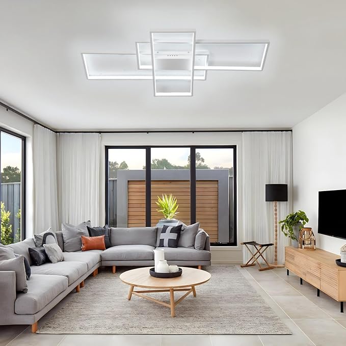 Modern Dimmable LED Ceiling Light Fixture,with Remote Control 3 Color Selectable Flush Mount Ceiling Lamp Ceiling Lights for Sitting Room Kitchen Bedroom(White, 43.3 * 23.6 * 2.5 in)