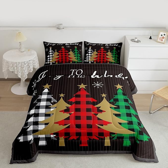 Christmas Kids Comforter Set King Size,Plaid Pine Trees Snowflake Bedding,Girls Boys Adults Bedroom/Xmas Cabin Decor,Geometric Lines Stylish Down Comforter,Rustic Colorful Duvet Insert,2 Pillowcases