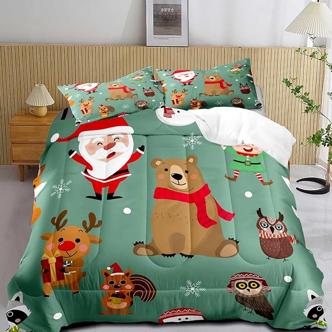 LUVIVIHOME 3PCS Merry Christmas Comforter Set King Size, Boys Girls Kids Bedding, Green Quilt, Funny Cute Cartoon Santa Claus Elf Owl Elk Reindeer Squirrel Xmas Christmas Bedroom Decor, 2 Pillow Shams