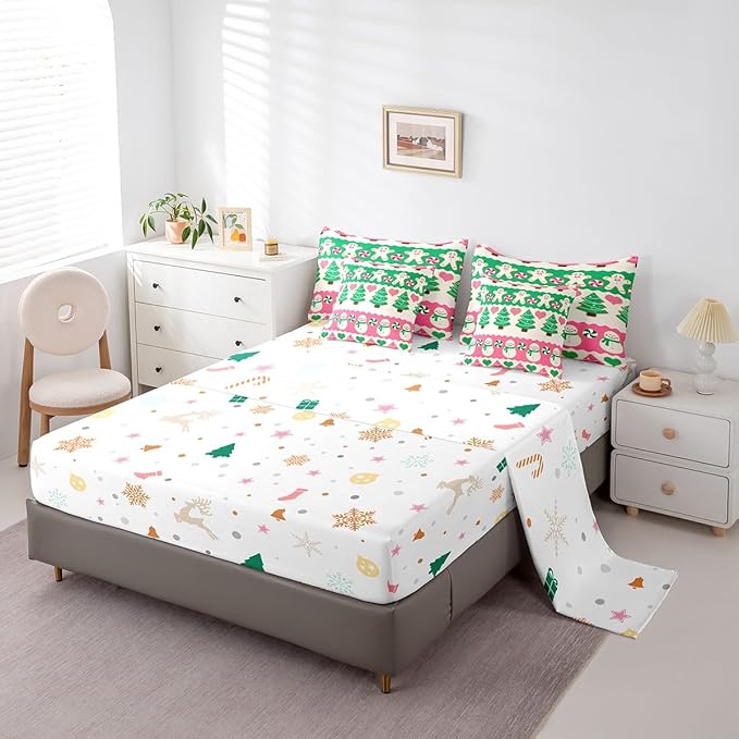 Feelyou Christmas Tree Bedding Set for Kids Boys Girls Cute Cartoon Gingerbread Man Bed in a Bag Snowman Bedding Set Decor Kawaii Xmas Theme Bed Set 7Pcs King Size