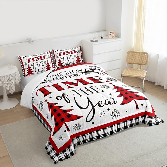 Merry Christmas Kids Comforter Set Full Size,Snowflake Deer Pine Trees Romantic Bedding,Girls Boys Adults Bedroom/Xmas Cabin Decor,Grids Stylish Down Comforter,Rustic Duvet Insert,2 Pillowcases