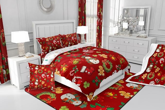 jejeloiu Merry Christmas Comforter Set Queen Size Cute Snowman Bedding Set for Kids Boys Girls Gingerbread Man Duvet Quilt Red Bedroom Decor