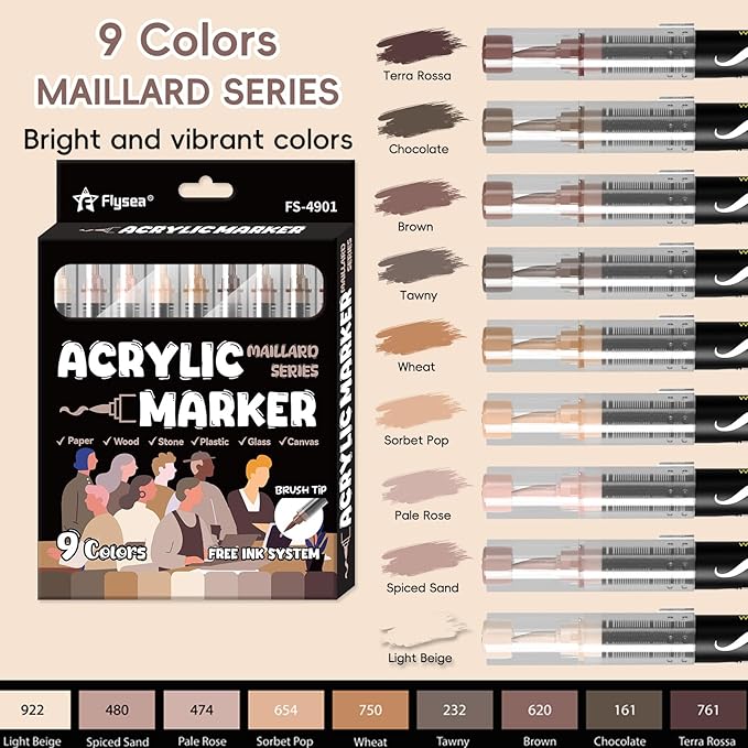 Paint Pens Acrylic Markers - 9 Maillard Series Brush Tip Water Based Marker Pens for Rock Painting, Wood, Ceramic, Glass, Acrylic Paint Markers for Egg Pumpkin