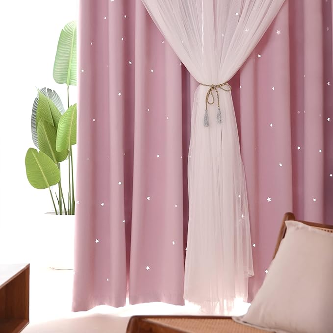 Kinryb Princess Curtains for Girls Bedroom with Sheer Overlay,Double Layer Curtain for Living Room with Star Cutout, Curtains for Kids Room (52 W*45 L Inches,2 Pcs Pink)
