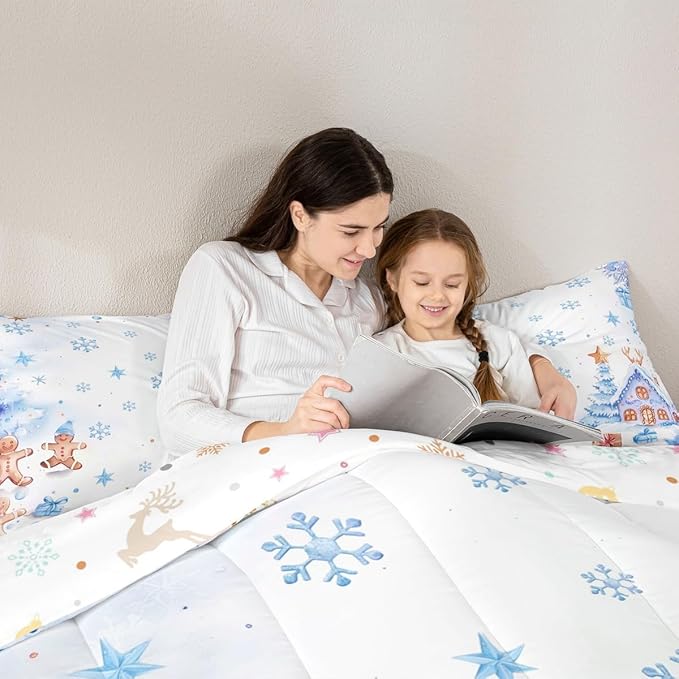 jejeloiu Kids Christmas Theme Comforter Set Full Size Blue Xmas Gingerbread Man Bedding Set for Boys Girls Teens Candy House Snowflake Winter Happy New Year Duvet Quilt Room Decor