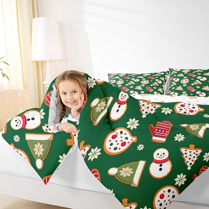 Feelyou Merry Christmas Comforter Set Toddler Size Snowman Bedding Set for Kids Boys Girls Gloves Cookies Duvet Quilt Snowflake Bedroom Decor Microfiber 2 Pcs with 1 Pillow Cases