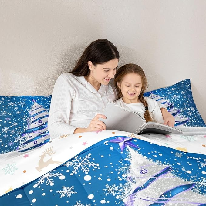 Feelyou Merry Christmas Kids Comforter Set Toddler Size Christmas Tree Bedding Set Snowflake Duvet Quilt for Kids Boys Girls Bedroom Winter Decor Microfiber Ultra Soft Breathable