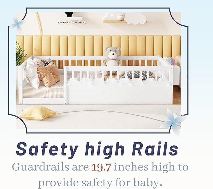Twin Size Montessori Bed, Wood Twin Montessori Floor Bed with High Rails & Storage Shelf, Baby Floor Beds with LED Light for Boys & Girls, White