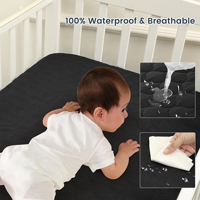david's kids 2 Pack 38''x25'' Waterproof Mini Crib Mattress Protector, Fitted Pack N Play, Playard and Mini Crib Mattresses, Ultra Soft Breathable Pad Cover for Boys Girls Neutral, Black