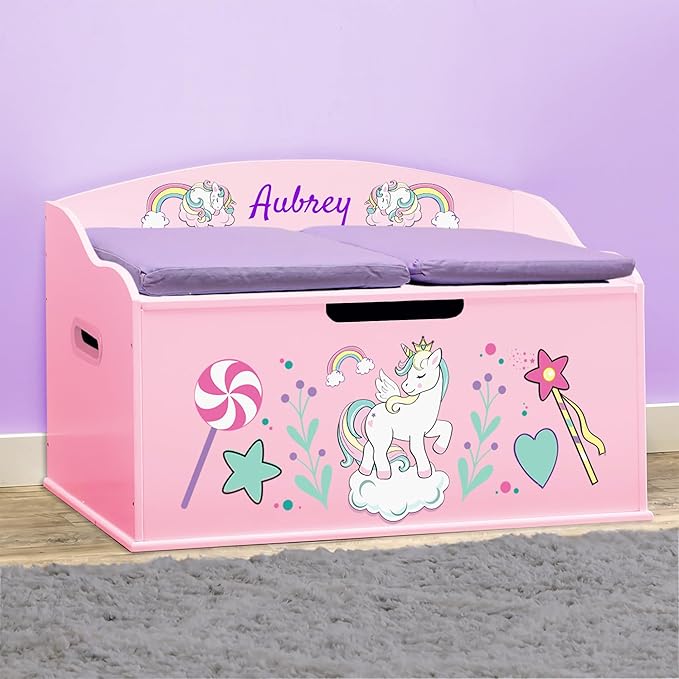 DIBSIES Personalized Creative Wonders Toy Box, Unicorns & Rainbows, 30 x 19.25 x 18 inches, Soft-Close Lid (Pink)