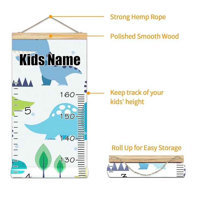 Personalized Kids Name Growth Chart Ruler for Wall Wood Frame Height Measure Chart 13.4x56 in Linen Hanging Height Growth Chart Cute Dinosaur Kids Room Decor