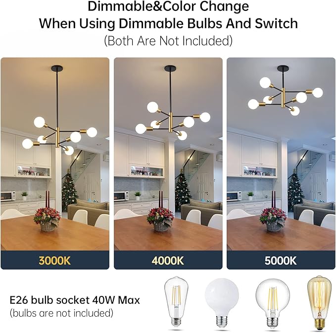 Modern Chandeliers for Dining Room, Black and Gold Chandelier Ceiling Light Fixture 6-Light Sputnik Chandeliers Mid Century Chandeliers for Living Room,Kitchen Island,Bedroom,Foyer