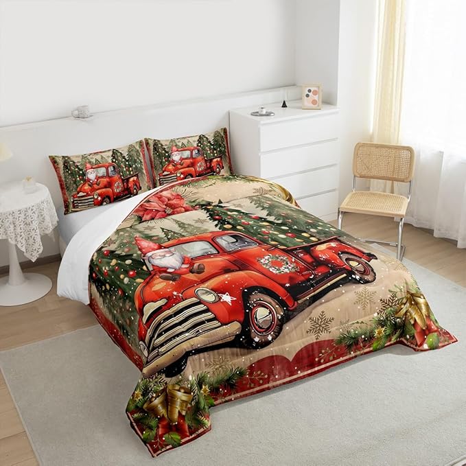 Manfei Red Truck Comforter Set King Size, Xmas Trees Santa Claus Snowflake Bedding Set 3pcs for Kids Boys Girls Room Decor, Christmas Theme Down Comforter New Year Quilt Set with 2 Pillowcases