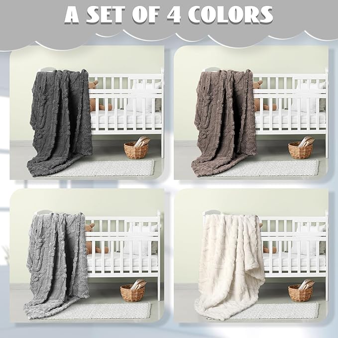 VitalCozy 4 Pcs Soft Fleece Baby Blankets Set 30" x 40" 3D Plush Warm Nursery Swaddling Bed Blanket Little Boys Girls Infant Toddlers and Newborn Receiving Gifts Blankets(Dark Color)