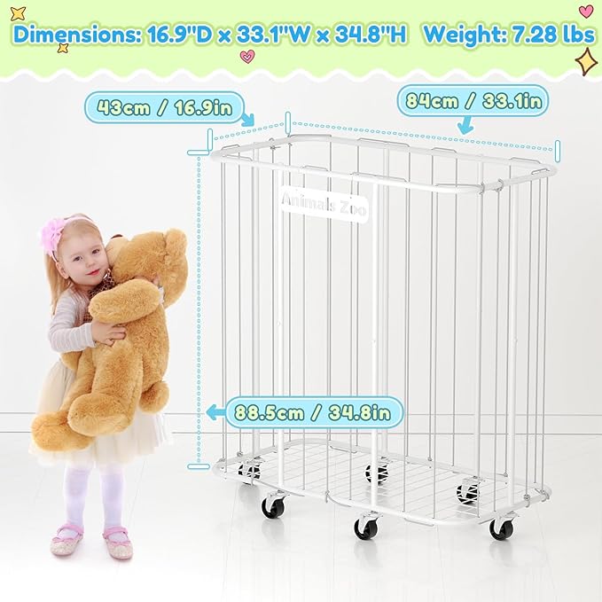 300L Stuffed Animal Organizer Plush Toy Storage Organizer Toy Storage Basket, Kids Toy Storage Bins with Wheels, Metal Frame and Elastic Cord Design, Suitable for Storage of Any Stuff