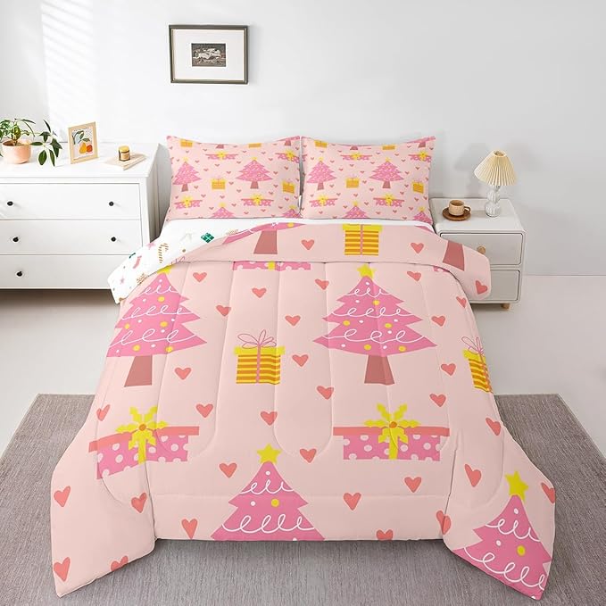 Erosebridal Merry Xmas Quilts Full Size Pink Christmas Tree Comforter Set Reversible Cartoon Style Bedding Set Happy New Year Duvet Insert for Boys Kids Bedroom Decor with 2 Pillow Cases