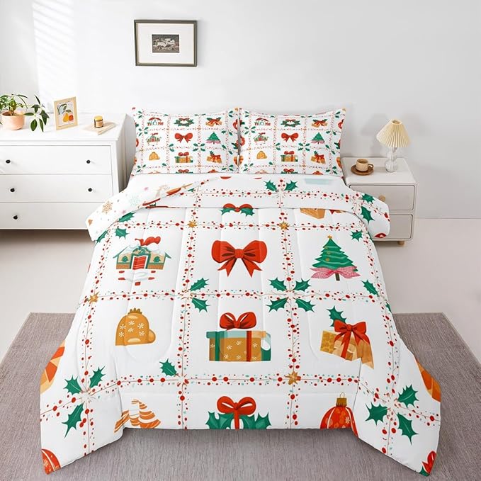 Feelyou Christmas Decor Kids Comforter Set Twin Size Red Bowknot Bedding Set New Year Gift Duvet Quilt for Kids Boys Girls Bedroom Happy New Year Decor Microfiber Ultra Soft Breathable