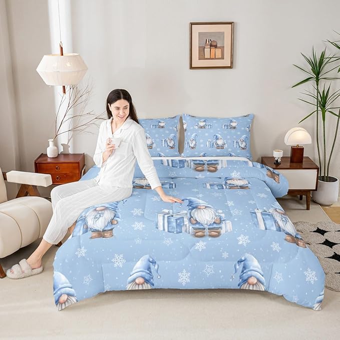 Feelyou Blue Christmas Comforter Set Twin Size Scandinavian Christmas Santa Gnomes Bedding Set for Kids Boys Girls Xmas Snowflake Duvet Quilt Bedroom Decor 2 Pcs with 1 Pillow Cases