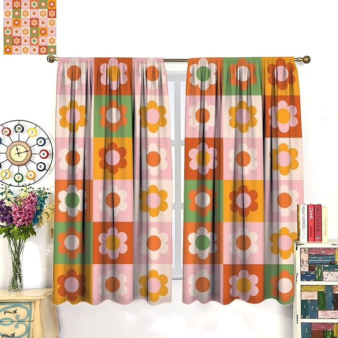 70s Flowers Curtains,Vintage Cute Colorful Abstract Floral for Girls Kids Bedroom Bathroom Curtains Window,Trendy Groovy Funky Novelty Home Window Treatments Drapes 52" W X 84" L